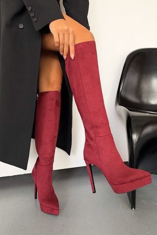 Otis İnce Topuk 13 Cm Bordo Süet Platform Çizme