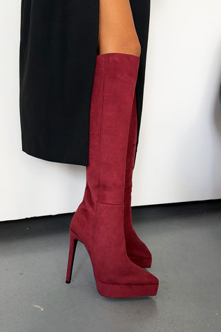 Otis İnce Topuk 13 Cm Bordo Süet Platform Çizme