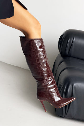 Rakkas İnce Topuk Diz Altı 10 Cm Bordo Kroko Çizme