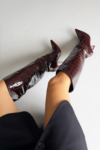 Rakkas İnce Topuk Diz Altı 10 Cm Bordo Kroko Çizme