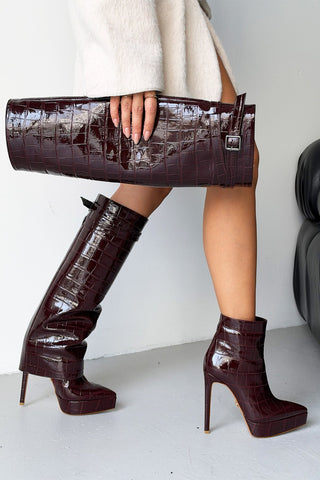 Roger Giydirmeli İnce Topuk 13 Cm Bordo Kroko Platform Kadın Çizme