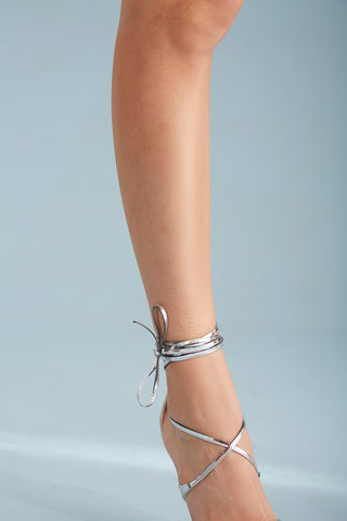 Vivid Bilekten Bağcıklı İnce Topuk 10 Cm Gümüş Stiletto