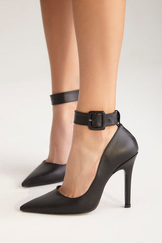 Obsidian Bilekten Bantlı İnce Topuk 10 Cm Siyah Mat Stiletto