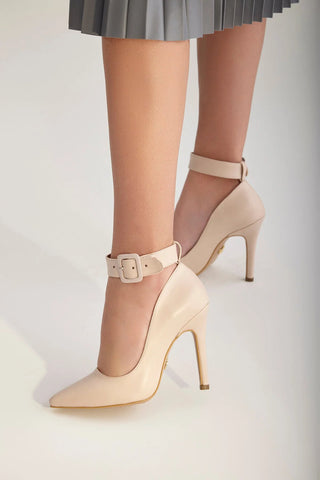 Obsidian Bilekten Bantlı İnce Topuk 10 Cm Nude Mat Stiletto