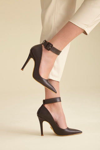 Obsidian Bilekten Bantlı İnce Topuk 10 Cm Kahverengi Mat Stiletto