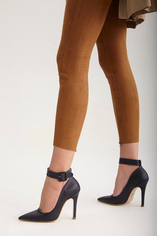 Obsidian Bilekten Bantlı İnce Topuk 10 Cm Lacivert Mat Stiletto