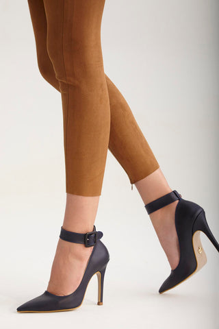 Obsidian Bilekten Bantlı İnce Topuk 10 Cm Lacivert Mat Stiletto