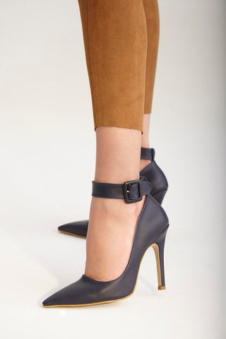 Obsidian Bilekten Bantlı İnce Topuk 10 Cm Lacivert Mat Stiletto