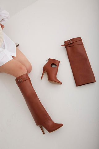 Love Giydirmeli İnce Topuk 10 Cm Taba Mat Çizme