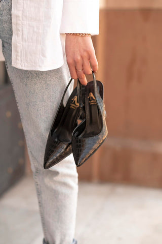 Lydian Kalın Topuk 8 Cm Siyah Kroko Stiletto