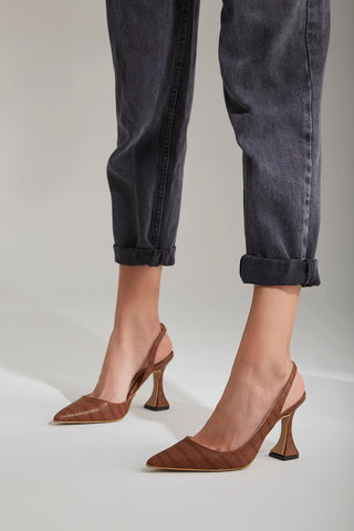 Lydian Kalın Topuk 8 Cm Taba Kroko Stiletto