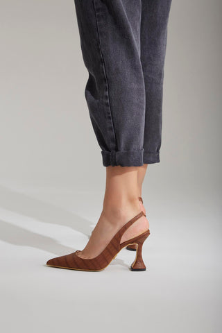Lydian Kalın Topuk 8 Cm Taba Kroko Stiletto