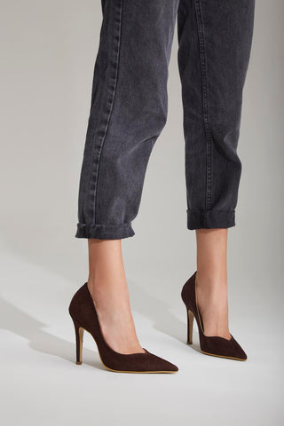 Sensual İnce Topuk 10 Cm Kahverengi Süet Stiletto