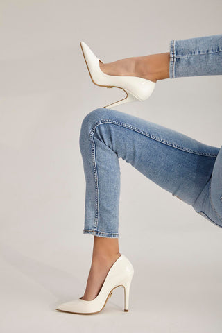 Sensual İnce Topuk 10 Cm Beyaz Rugan Stiletto