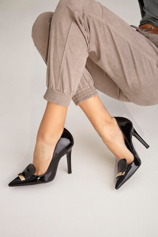 Waffles İnce Topuk 10 Cm Siyah Rugan Stiletto