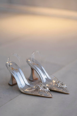 Helios Şeffaf Detaylı Taşlı Kalın Topuk 8 Cm Gümüş Stiletto