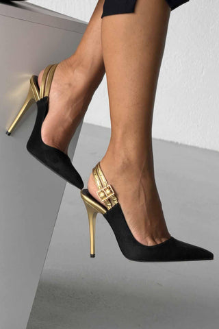 Filmy İnce Topuk 10 Cm Siyah Gold Stiletto