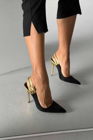 Filmy İnce Topuk 10 Cm Siyah Gold Stiletto
