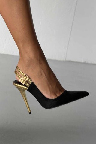 Filmy İnce Topuk 10 Cm Siyah Gold Stiletto