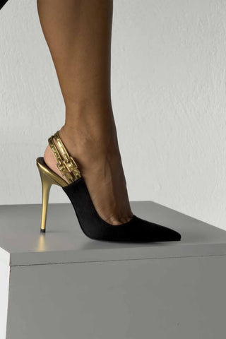 Filmy İnce Topuk 10 Cm Siyah Gold Stiletto