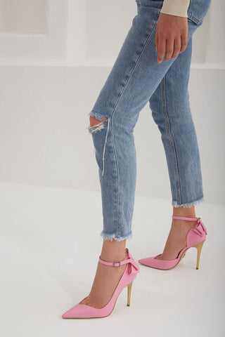 Damia Bilekten Bantlı Papyon Detaylı İnce Topuk 10 Cm Pembe Mat Stiletto