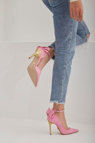 Damia Bilekten Bantlı Papyon Detaylı İnce Topuk 10 Cm Pembe Mat Stiletto