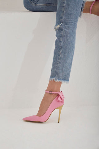 Damia Bilekten Bantlı Papyon Detaylı İnce Topuk 10 Cm Pembe Mat Stiletto