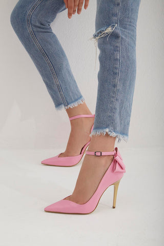 Damia Bilekten Bantlı Papyon Detaylı İnce Topuk 10 Cm Pembe Mat Stiletto
