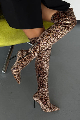 Mindy Diz Üstü Streç İnce Topuk 10 Cm Leopar Çizme