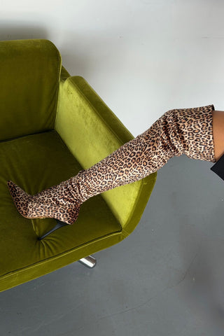 Mindy Diz Üstü Streç İnce Topuk 10 Cm Leopar Çizme
