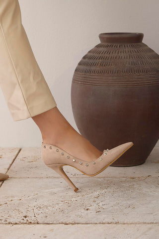 Emerald Trok Detaylı İnce Topuk 10 Cm Ten Süet Stiletto