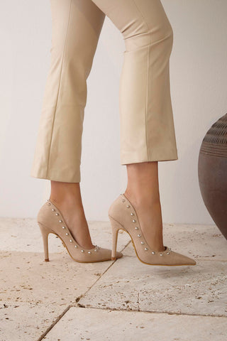 Emerald Trok Detaylı İnce Topuk 10 Cm Ten Süet Stiletto