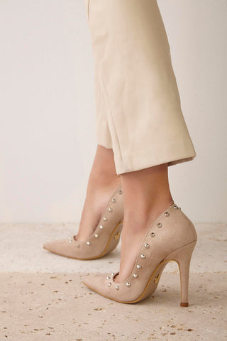 Emerald Trok Detaylı İnce Topuk 10 Cm Ten Süet Stiletto