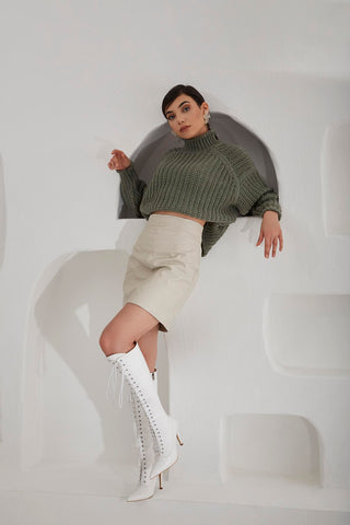 Polly Bağcıklı İnce Topuk 10 Cm Beyaz Mat Çizme