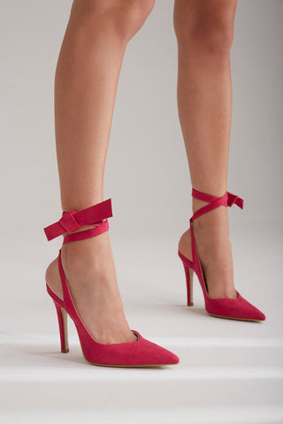 Gandha Bilekten Bağcıklı İnce Topuk 10 Cm Fuşya Süet Stiletto
