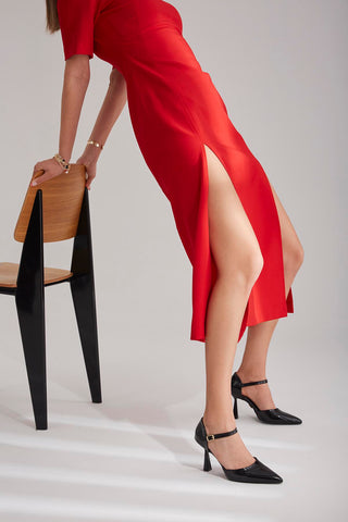 Blenda Kalın Topuk 8 Cm Siyah Rugan Stiletto