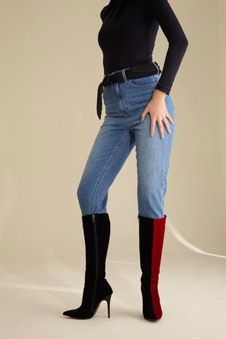 Arawelo İnce Topuk 10 Cm Siyah Kırmızı Çizme