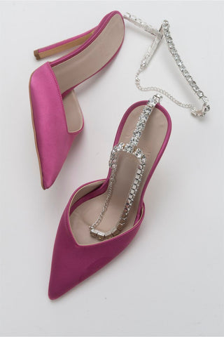 Flavia Taşlı Zincirli İnce Topuk 10 Cm Fuşya Saten Stiletto