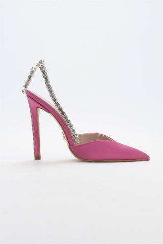 Flavia Taşlı Zincirli İnce Topuk 10 Cm Fuşya Saten Stiletto