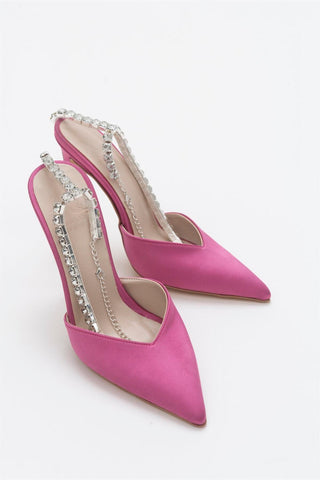 Flavia Taşlı Zincirli İnce Topuk 10 Cm Fuşya Saten Stiletto