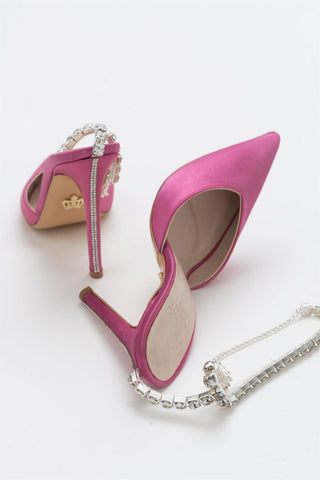 Flavia Taşlı Zincirli İnce Topuk 10 Cm Fuşya Saten Stiletto