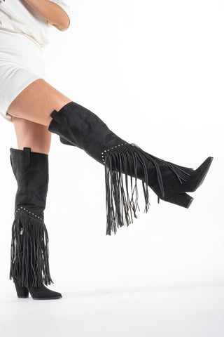 Fringe Tassel Studded Western Boot · Black Faux Suede