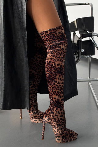 Stivali sopra il ginocchio Lotta con plateau · leopardato, stretch