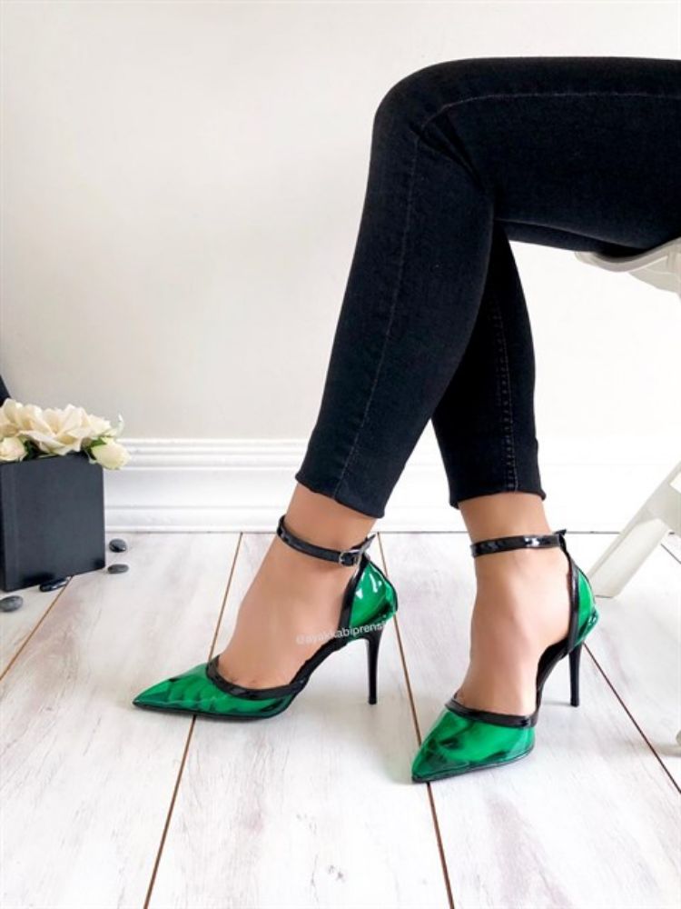 Murano Şeffaf Detaylı İnce Topuk 8 Cm Yeşil Stiletto resmi