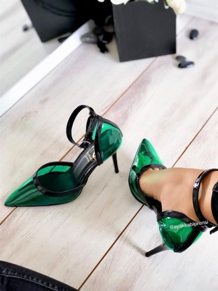 Murano Şeffaf Detaylı İnce Topuk 8 Cm Yeşil Stiletto resmi