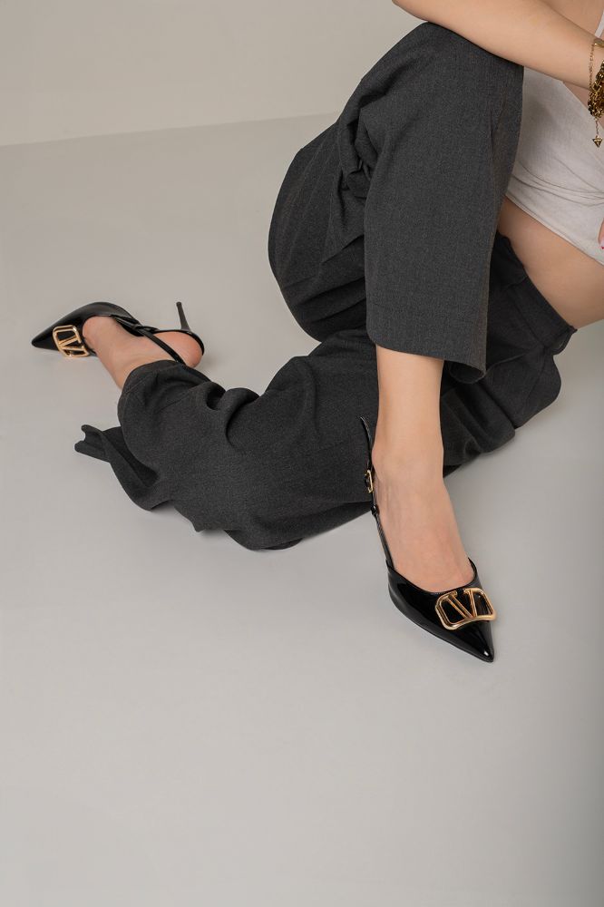 Liva V Detay İnce Topuk 10 Cm Siyah Rugan Stiletto resmi