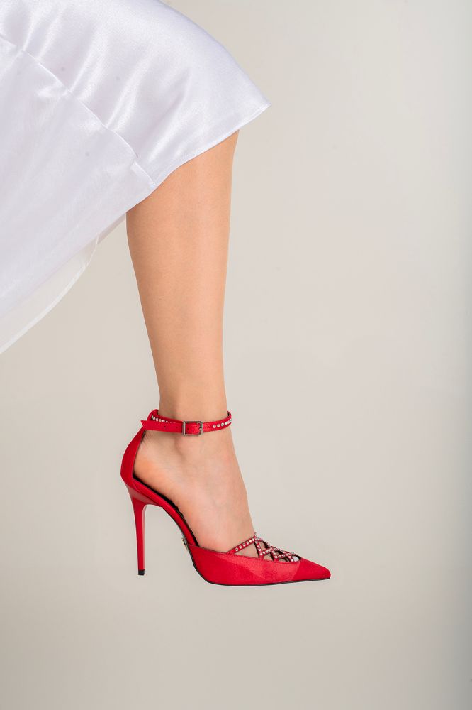 Maven Taş Detaylı İnce Topuk 10 Cm Kırmızı Süet Stiletto resmi