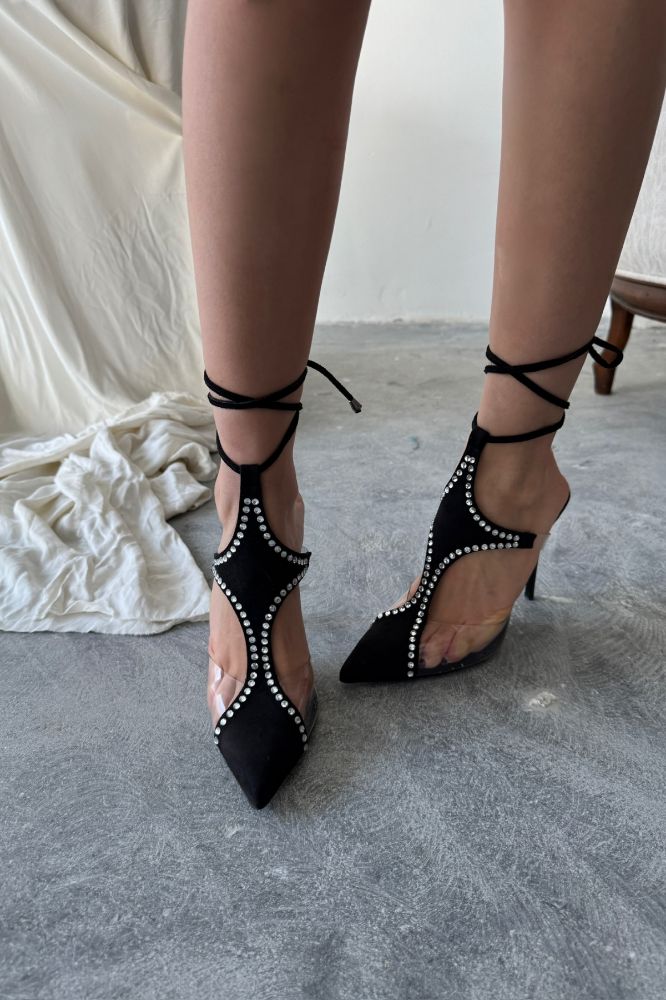 Chic Taş Detaylı Bilekten Bağcıklı İnce Topuk 10 Cm Şeffaf Detaylı Siyah Süet Stiletto resmi