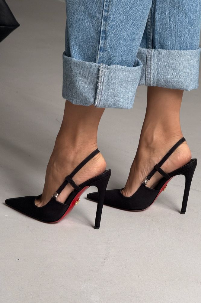 Waft Toka Detaylı İnce Topuk 12 Cm Siyah Mat Saten Stiletto resmi